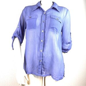 Linea by Louis Dell'Olio Royal Blue Button-Down Sheer Crinkle Shirt Medium